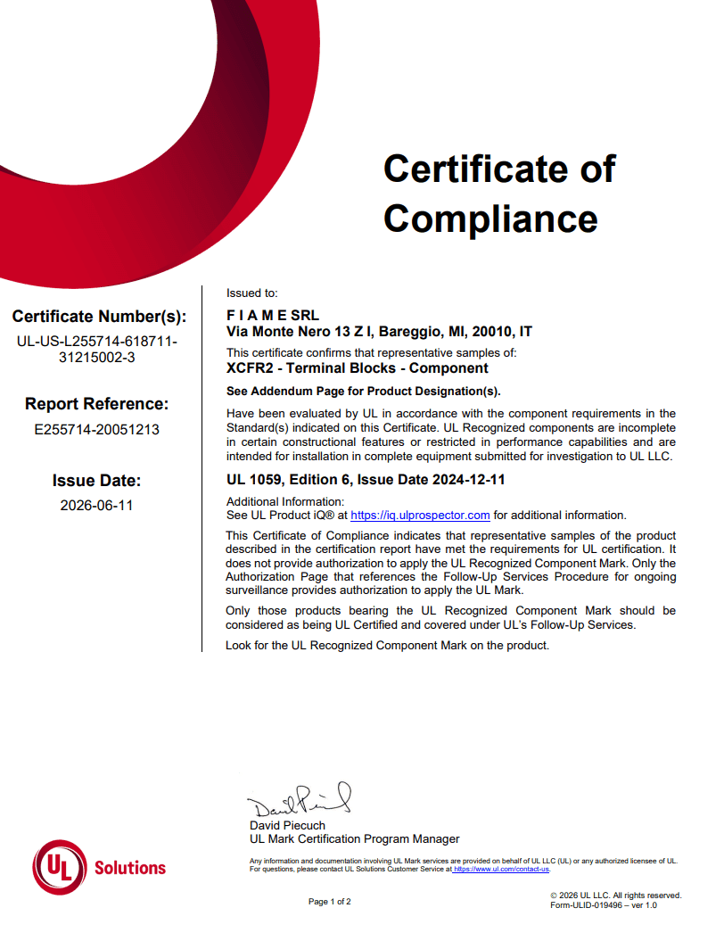 Certificate of Compliance UL Solutions per FIAME